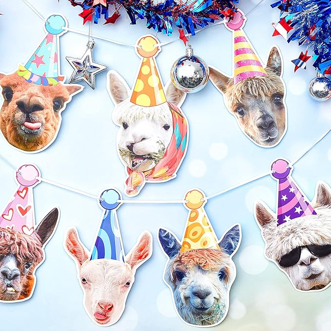 25 Pcs Llama Birthday Banner Garland Funny Decorations Include 1 Pcs Garland and 24 Alpaca Face Cake Cupcake Topper Llama Birthday Decorations Portrait Bunting Cactus Hilarious Bday Party Supplies