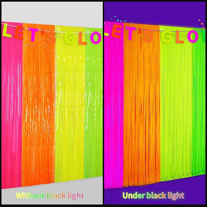 Glow in The Dark Tinsel Curtains 4 Pack - Neon Party Decorations 3.3x6.6ft UV Reactive Fluorescent Macaron Backdrop for Neon, Pride, Birthday Decor, Double Colors & Quantity, Pre-Taped, Waterproof