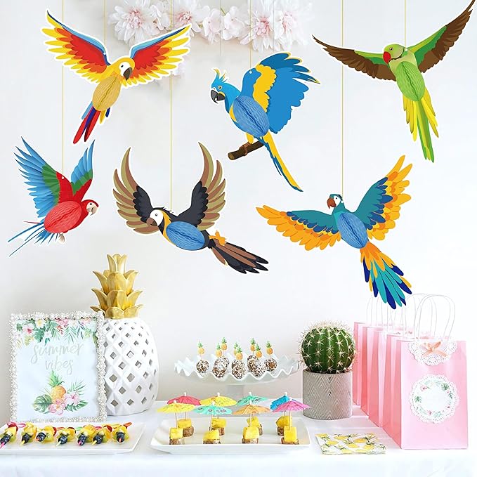 6 Pieces Tropical Birds Honeycomb Paper Cutouts Hanging Parrot Hawaiian Luau Tropical Party Decorations for Summer Beach Jungle Safari Rainforest Theme Birthday Party Home Classroom Decor Supplies