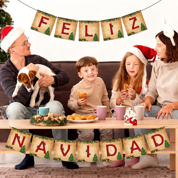 Feliz Navidad Banner Merry Christmas Banner Vintage New Year Garlands Sign for Feliz Navidad Christmas Decorations Mexican Spanish Holiday Decor Home Office Party Fireplace Mantle Decor