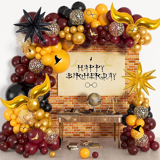 Ouddy Life 172pcs Magical Wizard School Balloons Garland Arch Kit Burgundy Black Gold Confetti Snitch Balloon for Magic Themed Birthday Decorations Baby Shower Party Supplies