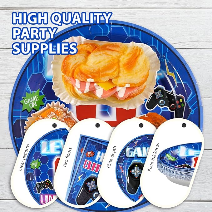 Grencian 96 Pcs 8th Video Game Birthday Party Decorations Blue Video Game Level 8 Birthday Plates and Napkins Tableware Sets for Kids Boys 8 Years Old Gamer Gaming Party Supplies Favors Serves 24