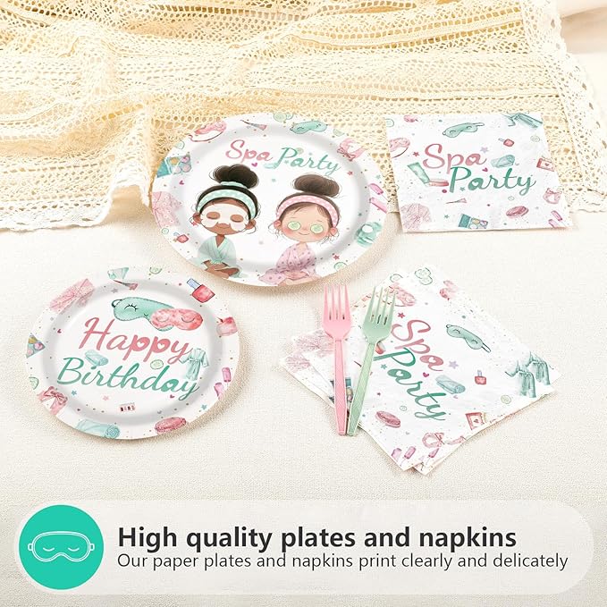 96Pcs Spa Birthday Party Supplies Slumber Sleepover Pajama Plates and Napkins Tableware Sets Pink Makeup Happy Birthday Dessert Plates Decorations Favors for Girls Baby Shower Holiday Party Serves 24
