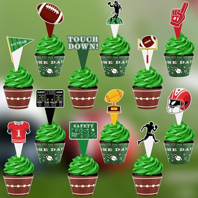 48 Pack Football Cupcake Toppers and Wrappers, Football Rugby Go Team Cake Decoration for Football Theme Birthday Party Sports Game Day Party Supplies