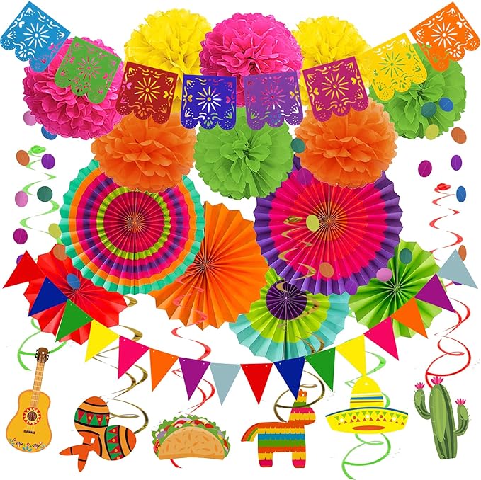 Mexico Party Decorations, Fiesta Paper Fans Pom Poms Picado Banner Pennant Garland String Hanging Swirls Decorations for Mexican Fiesta Cinco De Mayo Taco Themed Birthday Party Supplies