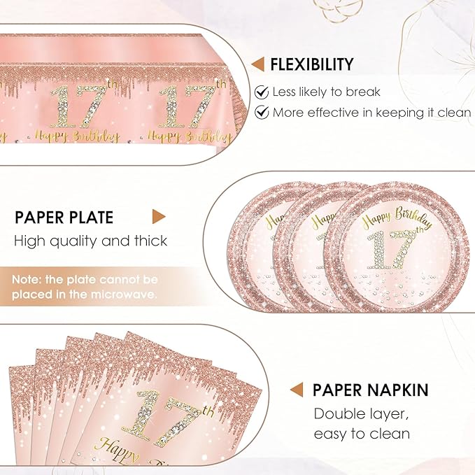 41PCS 17th Birthday Decorations for Girls,Rose Gold 17th Birthday Plates and Napkins,Tablecloth Kit Disposable 17th Birthday Paper Tableware Set for Girls 17 Years Old Birthday Party Supplies