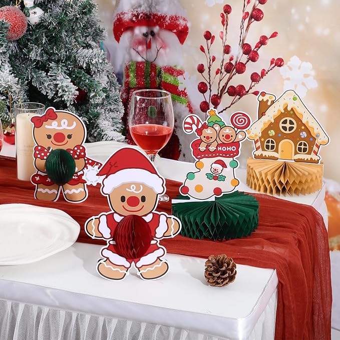 12PCS Christmas Table Centerpieces Gingerbread Christmas Decorations Honeycomb Centerpieces Xmas Party Decorations Snowman Table Toppers for Winter Holiday Party Supplies
