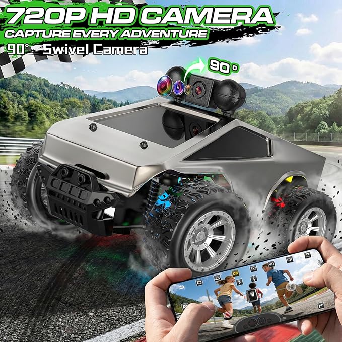 RC Cars with Camera Remote Control Truck with 720P HD FPV Camera, All-Terrain Remote Control Car with Led Light Rechargeable Battery, 1:28 RC Car Vehicle Toy Gifts for Kids Boys Girls