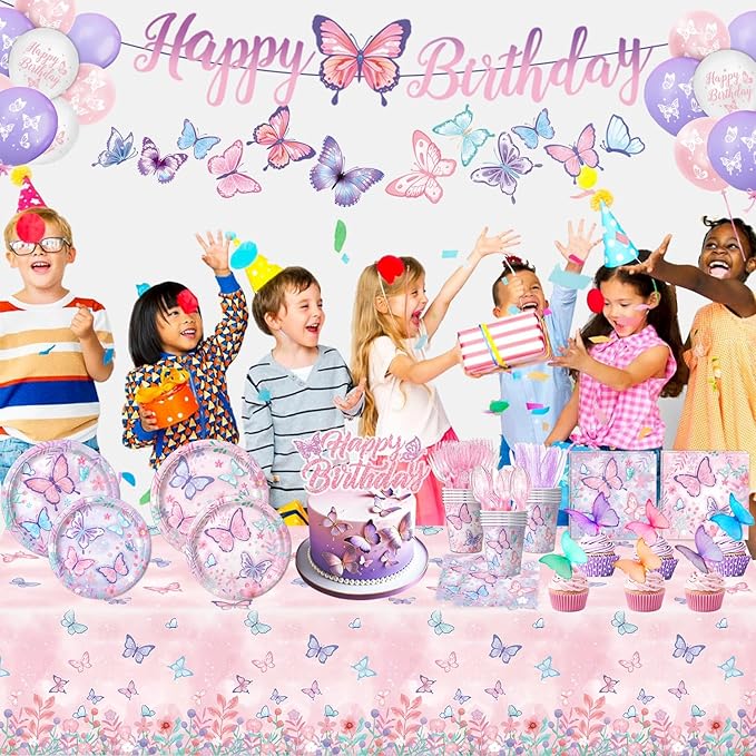Butterfly Birthday Decorations, Girls Birthday Supplies - Plates, Napkins, Cups, Cutlery, Cake & Cupcake Toppers, Banner, Hanging Swirls, Tablecloth, Balloons for Butterfly Party Decorations, Serve 20