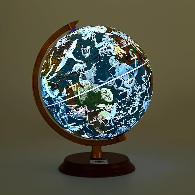 8-Inch LED Animal Constellation Globe for Kids, Education World Globe with Wood Base and Metal Meridian, Night Light Starry Sky & Daytime Map, STEM Learning Tools (Blue, 8 Inch)