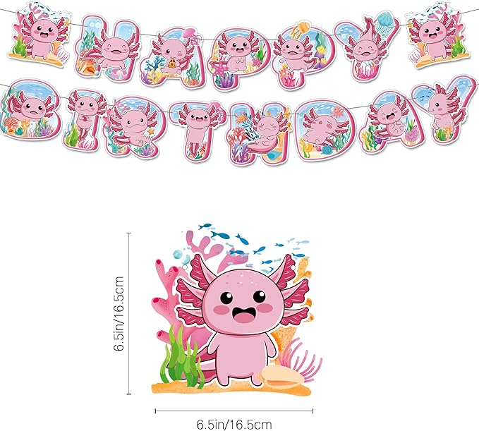 44Pcs Axolotl Birthday Party Supplies Include Happy Birthday Banner-Backdrop-Tablecloth-Balloons-Cake Topper-Cupcake Toppers for Axolotl Party Decorations