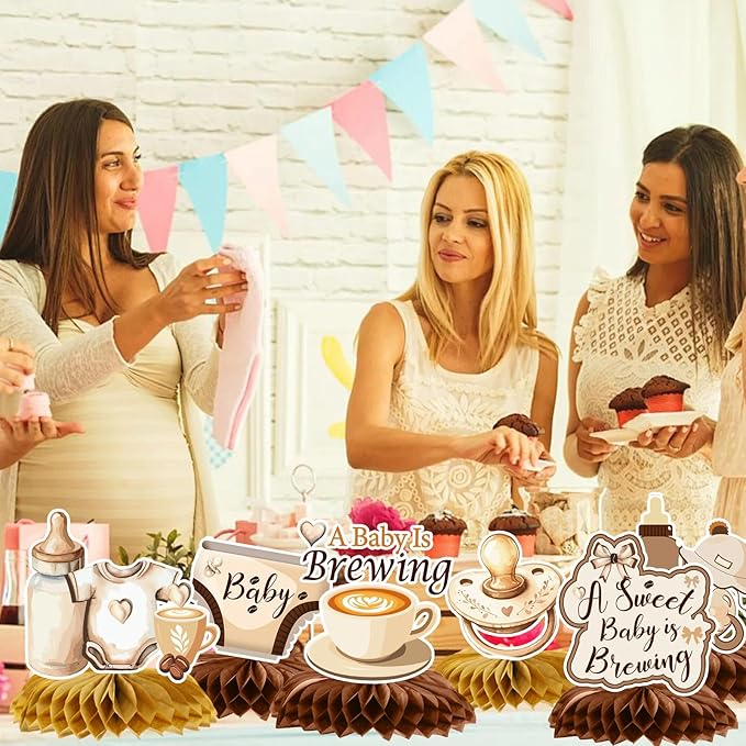 Gameza a Baby is Brewing Baby Shower Decorations, 9PCS Coffee Baby Shower Party Honeycomb Centerpieces Table Decorations, Coffee Themed Gender Reveal Decor Supplies