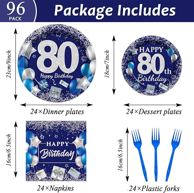 96 Pcs 80th Birthday Party Supplies Navy Blue and Silver Birthday Plates 80th Birthday Paper Tableware Happy Birthday Party Plates and Napkins Forks Blue Birthday Table Decorations for 24 Guests