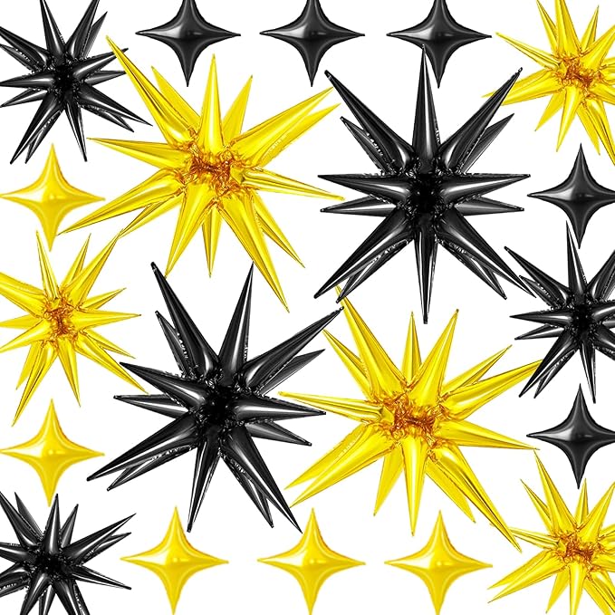 20 Pcs Star Balloons Explosion Star Foil Balloons- 12 Point Star Balloons,27”22”Spike Balloons and Four Pointed Star Balloos for Party Supplies Christmas Birthday Wedding Photo Booth (Gold Black)