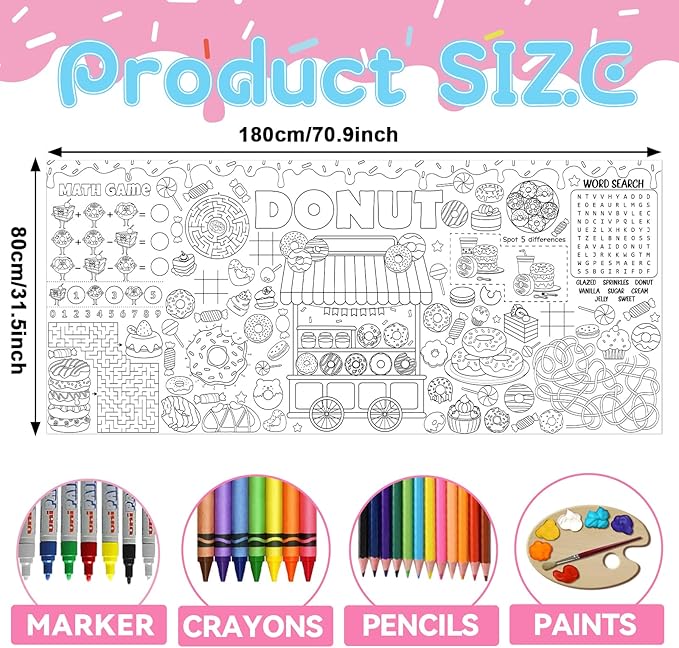 Donut Giant Coloring Poster Candyland Large Versatile Activity Drawing Paper Coloring Tablecloth DIY Dessert Theme Game Poster Table Cover Art Craft Painting Mat Home Classroom Party Supplies