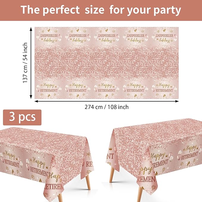 Grencian 3Pcs Rose Gold Retirement Tablecloth Pink Happy Retirement Table Cover Plastic Rectangle Women Happy Retired Table Cloth for Men Women Say Goodbye Going Away Party Supplies 54" x 108"
