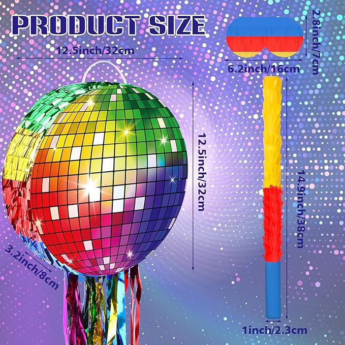 Colorful Disco Ball Pinata with Stick and Blindfold 80s 90s Theme Party Decorations Disco Pinata for Birthday Weddings Roller Skating Party Supplies