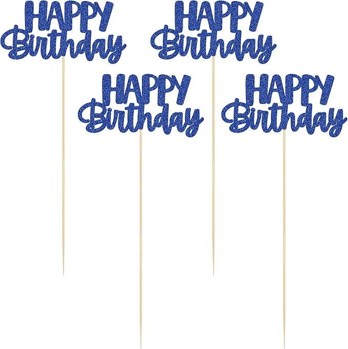 Gyufise 12Pcs Happy Birthday Centerpieces Sticks Double Sided Glitter Birthday Party Decorations Anniversary Table Flower Centerpiece for Celebrating Party Supplies Dark Blue
