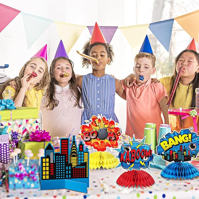 Funrous 11 Pieces Hero Party Decoration Hero Honeycomb Centerpieces 3D Table Topper Paper Large Word Centerpieces Fun Action Sign Standing Card for Birthday Baby Shower Decor Supplies(Classic)