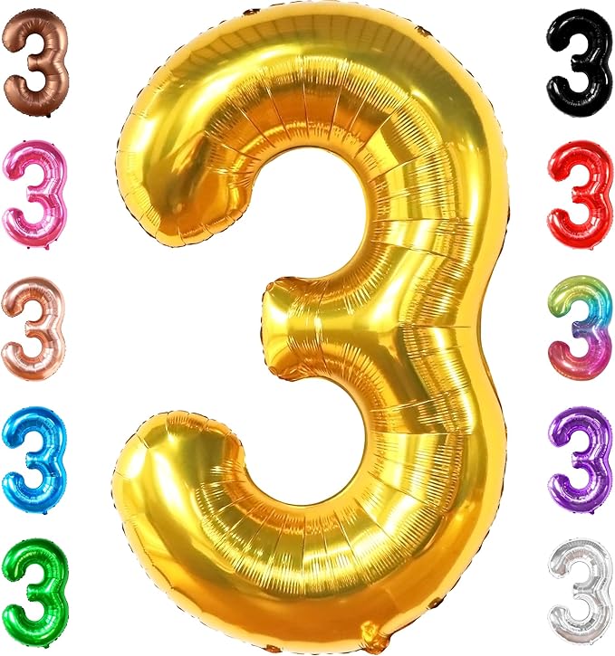 KatchOn, Giant Gold Number 3 Balloon - 40 Inch | Gold 3 balloon Number for 3rd Birthday party Decorations for Boys | Gold Three balloon, 3 Year Anniversary Decor | 3 Year Anniversary Decorations