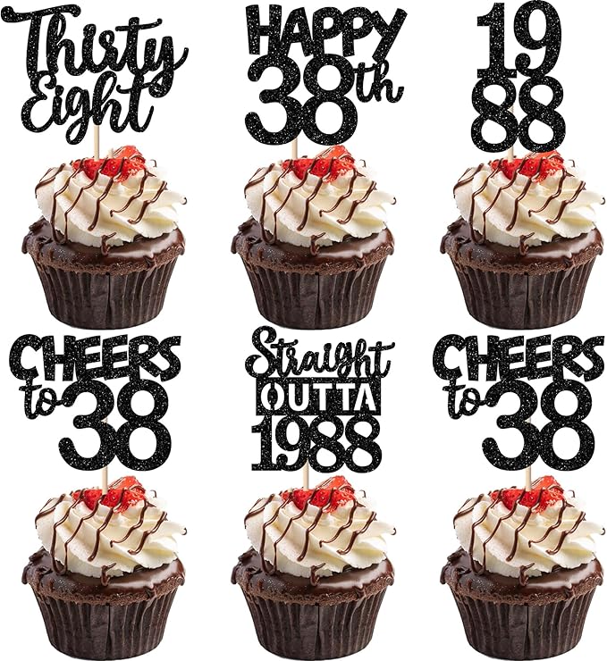 30PCS Black 38th Birthday Cupcake Toppers Glitter Thirty Eight Happy 38th Straight Outta 1988 Cupcake Picks for Cheers to 38 Years Birthday Wedding Anniversary Party Cake Decorations Supplies