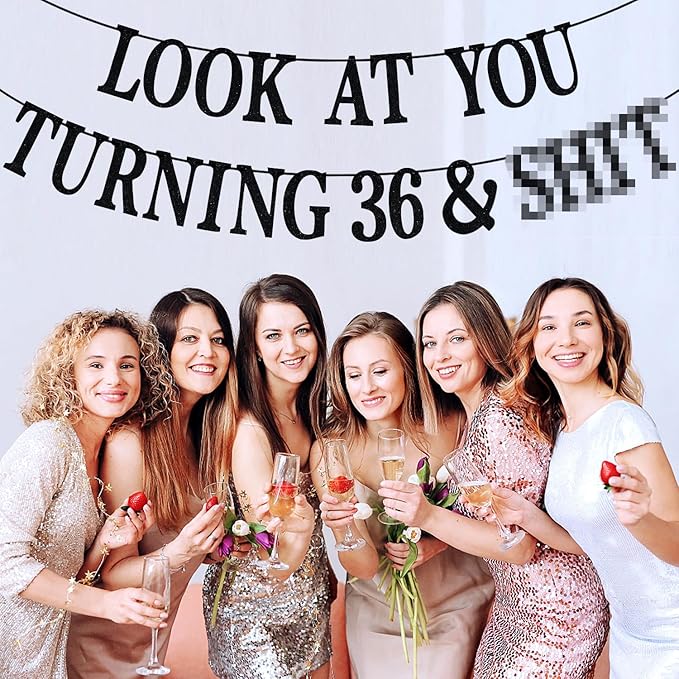 Black Glitter Look at You Turning 36 & Sh*t Banner, Happy 36th Birthday/Level 36 Unlocked/Cheers to 36 Years, Funny 36th Birthday Party Decorations Supplies