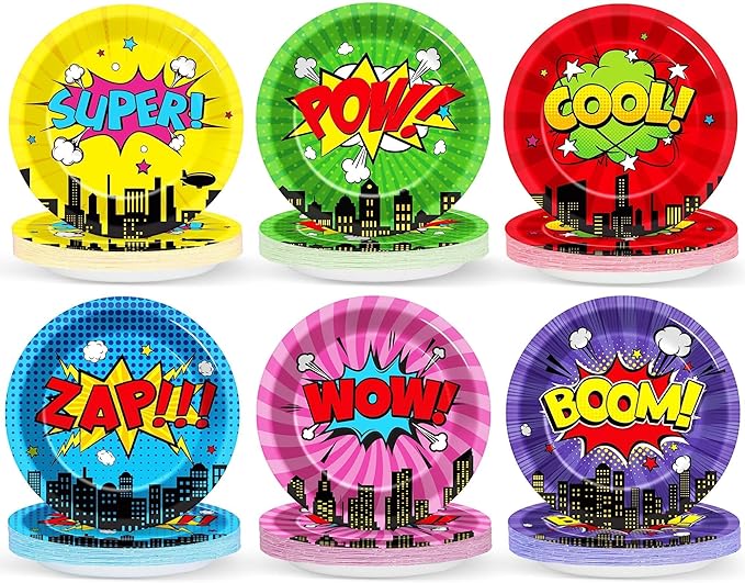 CHUNNIN 60 Pcs Super Theme Hero Party Plates for Birthday Party Decorations 9in Super Theme Hero Paper Plates Disposable Colorful Paper Plate for Kids Home Birthday Event Supplies