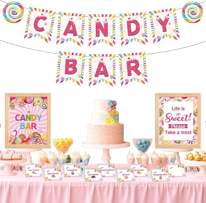 Outus 32 Pcs Christmas Candy Bar Decorations Kit Candy Bar Banner Sweet Candies Peppermint Table Signs Food Labels Tent Cards for Candies Sweet Birthday Baby Shower Wedding Party Decor Supplies