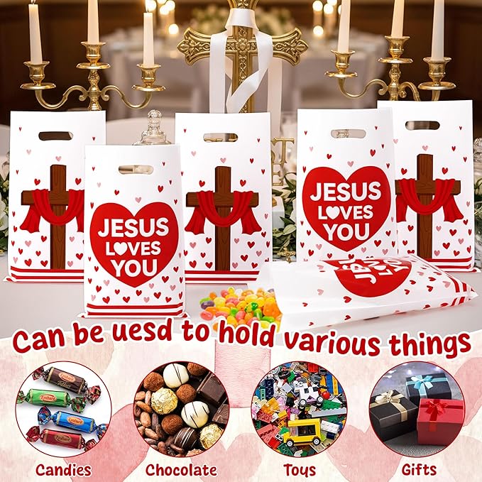 Jesus Loves You Party Favor Bags - 50Pcs Red Heart Jesus Cross Christian Goody Candy Treat Bags for Baptism Party Decorations for Valentine’s Day Religious Church Sunday School Birthday