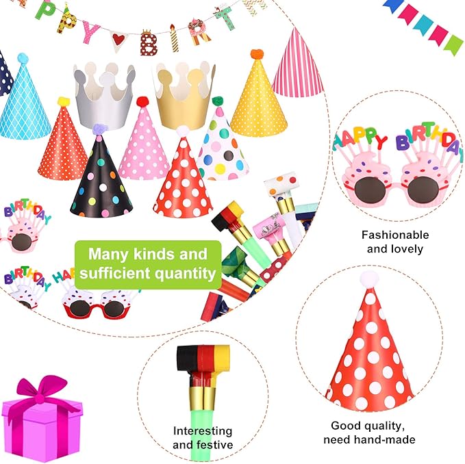 25 Pcs Party Set: 1 Colorful Banner, 3 Glasses, 10 Whistles, 11 Cone Hats for Festive Decor (Classic Style)