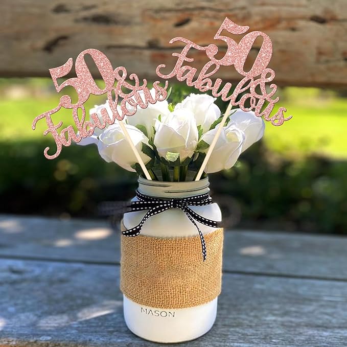 12 PCS 50 and Fabulous Centerpiece Sticks Double Sided Happy 50th Birthday Table Flower Centerpieces Sticks Cheers to 50 Floral Decorations for 50th Birthday Anniversary Party Supplies Rose Gold
