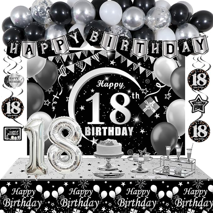 18th Birthday Decorations for Boys, Black White Happy 18th Birthday Decorations for Boy, 18 Year Old Birthday Decor with 18th Bday Banner Balloons Tablecloth Backdrop, 18 Years Party Supplies for Boys