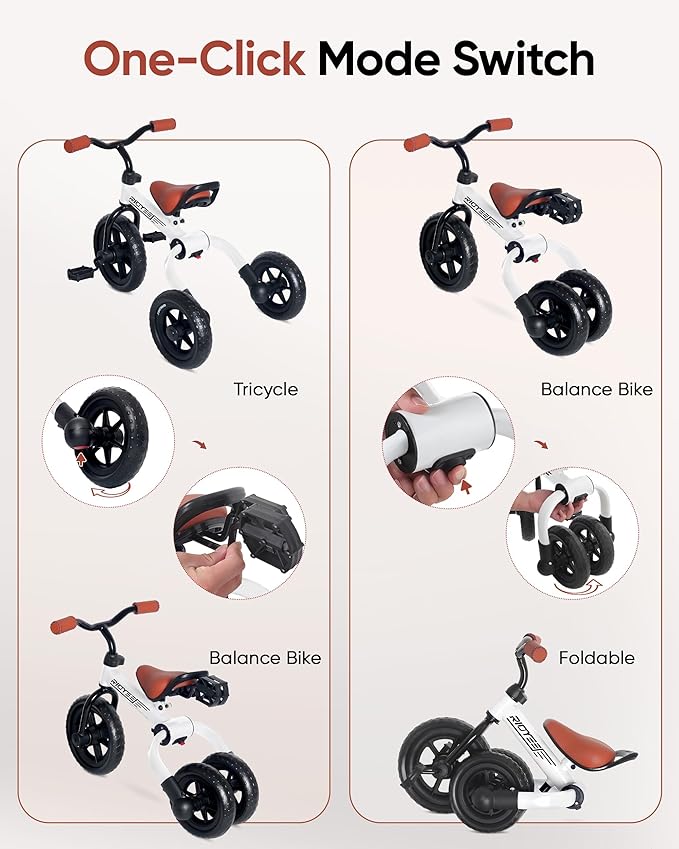3-in-1 Foldable Tricycle and Balance Bike for Toddlers 2 to 5 Years, Tricycle for 2 Years with Adjustable Handlebar and Seat, Tricycles for 3-5 Years with DIY Plate, White