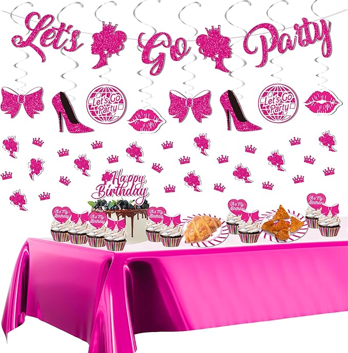 Hot Pink Birthday Party Decorations for Women Girls,Happy Birthday Banner,Hanging Swirl,Foil balloons,Party Supplies Decor for 10th 13th 16th 18th 21st