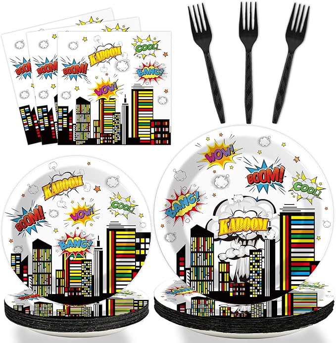 96 PCS Super Theme Hero Party Plates Napkins Hero Themed Party Tableware Hero Action Sign Disposable Paper Plates Napkins Happy Birthday Party Decorations Supplies Favors for 24 Guests