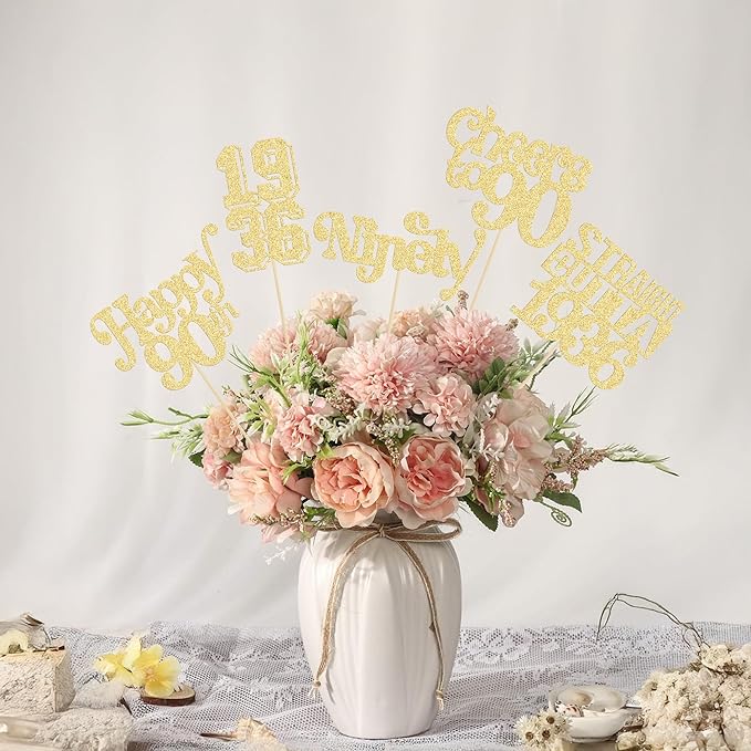 Gyufise 15Pcs Happy 90th Birthday Centerpiece Sticks Ninety Straight Outta 1936 Table Flower Centerpieces Sticks Cheers to 90 Decorations for 90th Birthday Party Supplies Gold