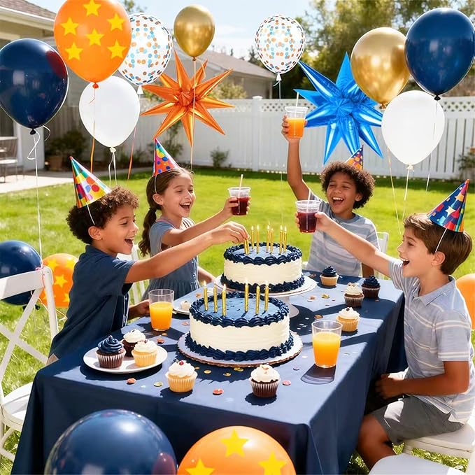 Blue Orange Gold Balloon 64Pcs 12 Inch，Pentagram Print Balloons for Cartoon Themed Birthday Party Decorations Boys Girls Gatherings Party Supplies