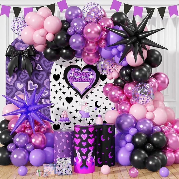 Pink and Purple Balloon Garland Arch Kit, Black Purple Pink Metallic Confetti Latex Party Balloons with Explosion Star Foil Balloon for Girls Bridal Baby Shower Wedding Birthday Party Decorations