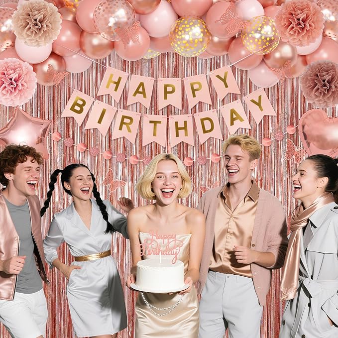 Ouddy Life Rose Gold Birthday Party Decorations for Women Girls, Happy Birthday Banner, Pink Foil Confetti Balloons, Fringe Curtain, Cake Topper, Pompoms, Princess Wedding Baby Shower Party Supplies