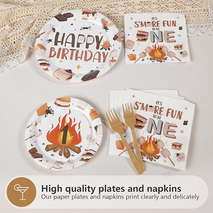 96 Pcs S'Mores Camping Birthday Party Decorations It's S'more Fun to Be One Plates and Napkins Disposable First Birthday Tableware Set for Kid Camper Bonfire Camping Theme 1st Party Supplies Serves 24