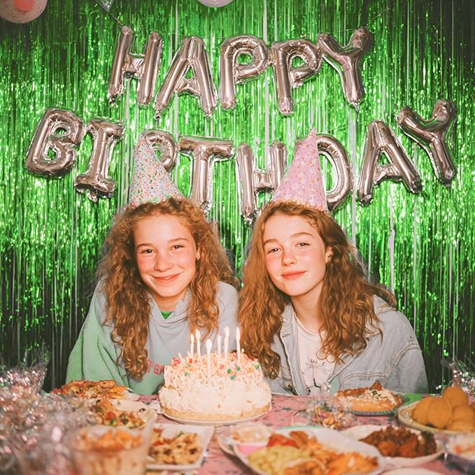 PartyWoo Green Streamers Backdrop 3pcs Green Tinsel Foil Fringe Streamer Curtains 8.2 FT Curtains Photo Backdrop for Graduation Birthday Dinosaur Jungle Golf Football Theme Party Decorations