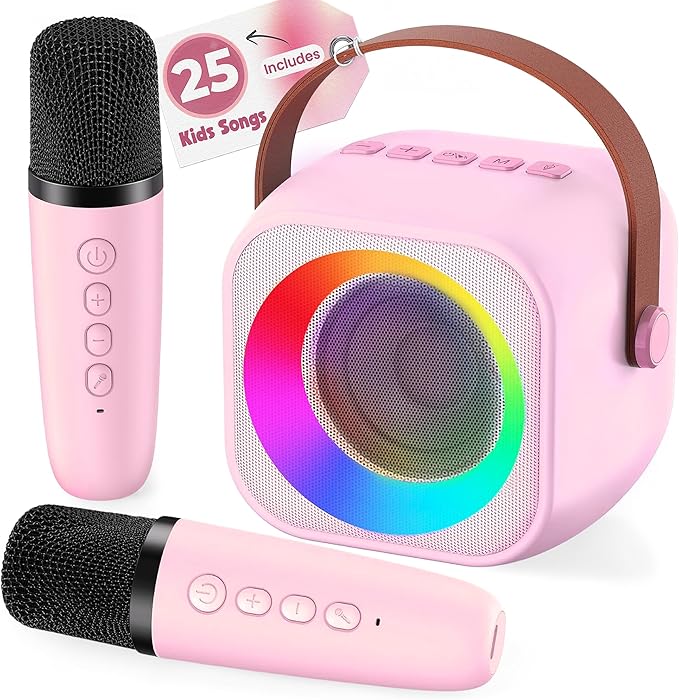 Mini Karaoke Machine for Kids | Pre-Loaded 25 Kids Songs | Bluetooth Speaker, 2 Wireless Microphones | Ages 3, 4, 5, 6, 7+ Year Old Birthday Gift | Toy for Girls, Boys, Toddler