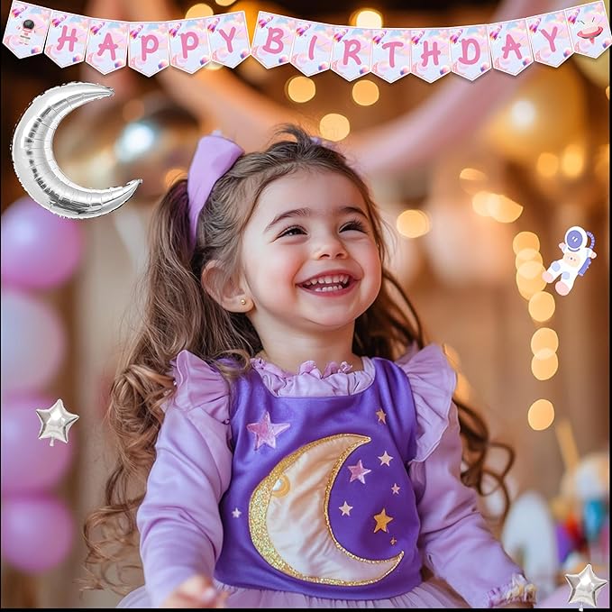 Two the Moon Birthday Decorations Girl, Outer Space 2nd Birthday Party Decorations, Two the Moon Backdrop Cake Cupcake Topper Balloon Garland Two Years Old Girl Party Supplies Kit Moon Themed for Girl