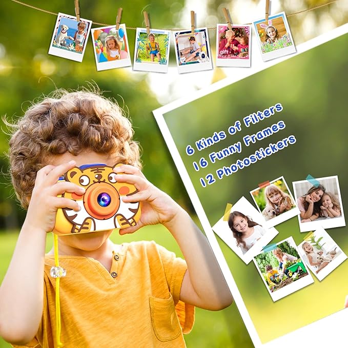 Kids Camera, Toddler Digital Camera, Tiger Dual Cameras, 1080P Video and Dual Cameras, 6 Kinds of Filters with 32GB SD Card, Christmas Birthday Present for 3 + Year Old Girls Boys