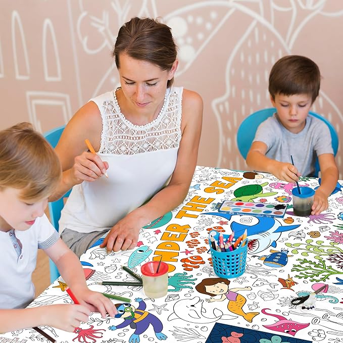 Under The Sea Coloring Tablecloth for Kids, Giant 30x72 Inch Poster with Shark, Turtle, Ocean Creatures, Perfect for Undersea Party Games, Aquatic Decorations, Classroom Fun, Event Supplies