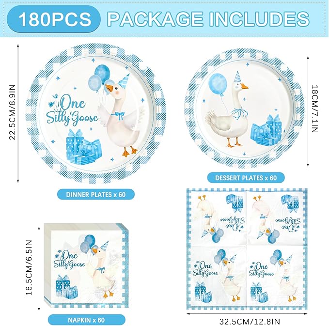 180PCS One Silly Goose Party Supplies Serve 60,Goose Theme Paper Plates and Napkins Kit for Baby Shower Birthday Party Decorations