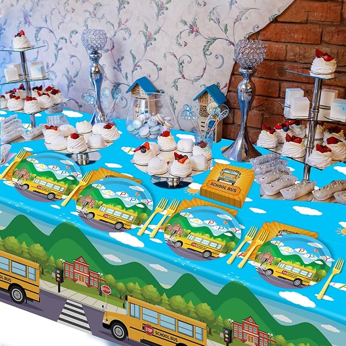 61 Pcs School Bus Party Supplies Back to School Birthday Tableware Set Bus Plates Napkins and Tablecloth Transportation Themed Decorations for Preschool Kindergarten Baby Shower Serves 20 Guests