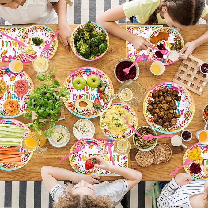 Avezano 192 Pcs Candyland Party Decorations Lollipop Dessert Theme Birthday Party Decorations Disposable Candy Land Tableware Party Supplies Paper Plates Napkins Forks Set for 24 Guests