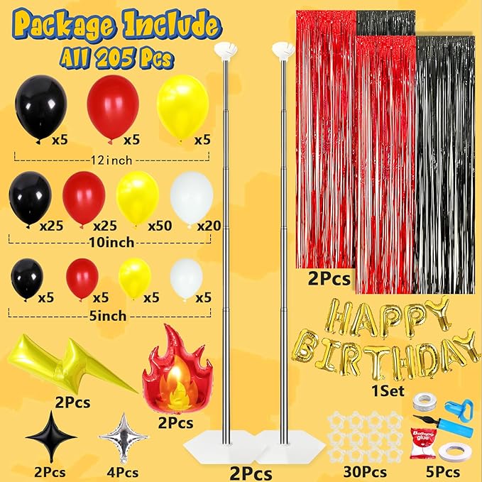 Cartoon Monster Birthday Party Decorations Supplies, Red Black Yellow Balloon Garland Arch Kit Curtains Backdrop Decor Birthday Banner Kit for Boys Girls Baby Shower-205 Pcs