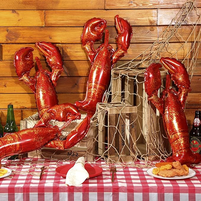 6 Pcs Crawfish Boil Party Supplies Includes Lobster Balloons Crawfish Tablecloth Fish Net Decorative Aluminum Foil Balloons for Nautical Themed Birthday Party Decoration